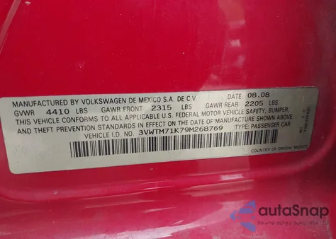 2009 Volkswagen Jetta 2.5L Se from USA, damaged, VIN 3VWTM71K79M268769